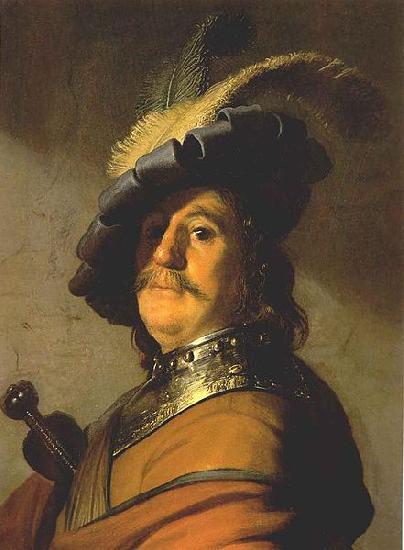 Rembrandt van rijn Bust of a man in a gorget and a feathered beret. oil painting image